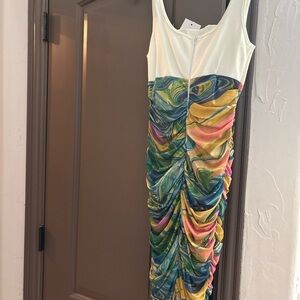 NWT Cefian White Tropical Ruched Bodycon Midi Dress Small Resort Dress